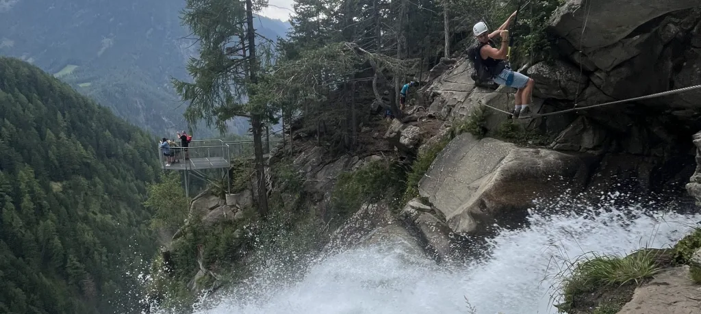 Stuibenfall via ferrata obstacle on top of the waterfall